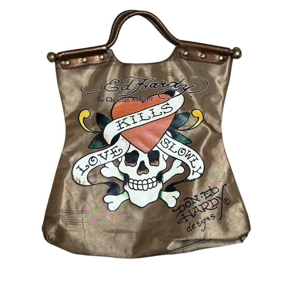 Vintage Ed Hardy Christian Audigier Metallic Love Kills Top Handle Purse - Picture 1 of 6
